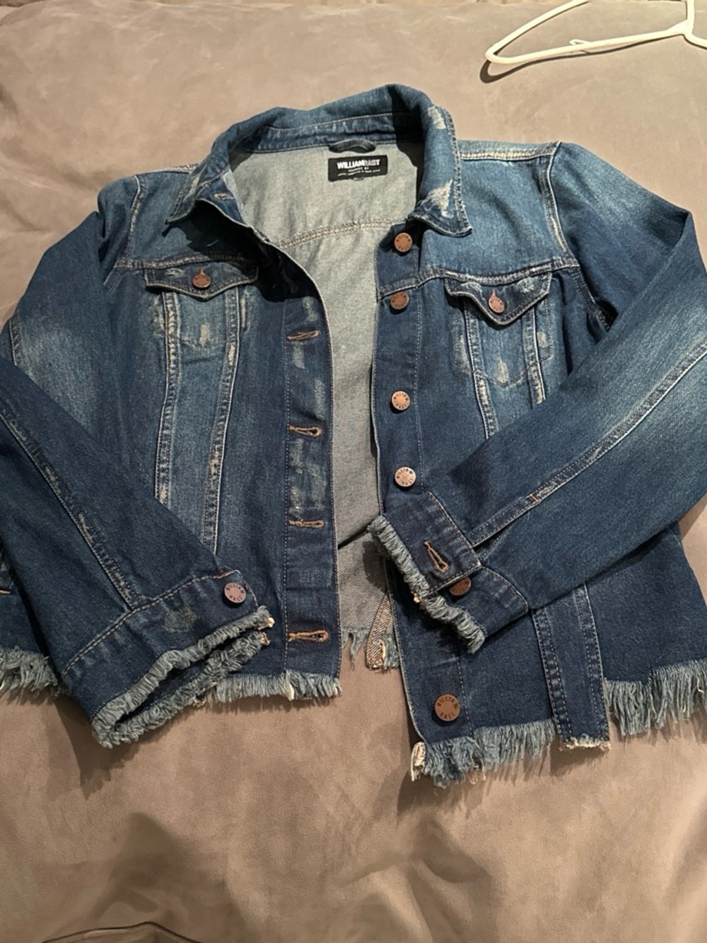 William Rast Dark Blue Distressed Denim Jacket with Frayed Hem